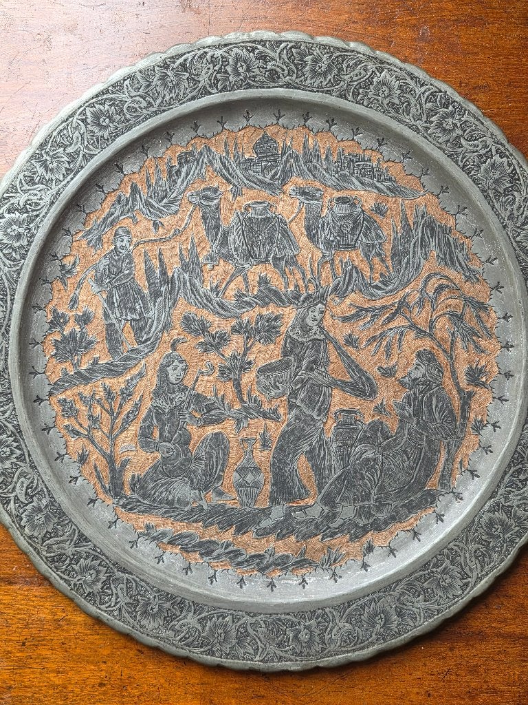 Antieke Perzische vertind koperen schaal,  37,5cm, Antiek en Kunst, Ophalen of Verzenden, Koper