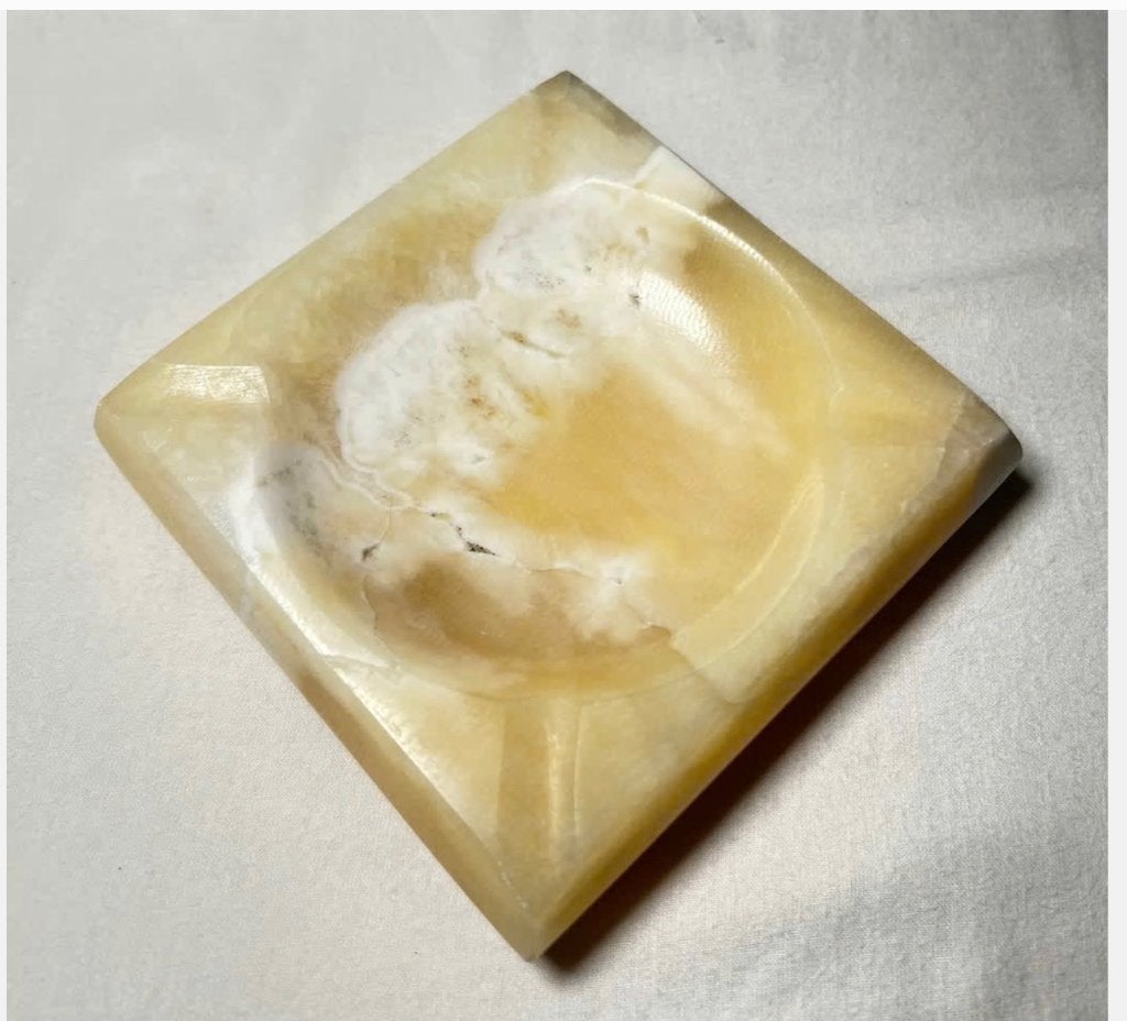 Edelsteen gele calciet schaal/ asbak 11,5 x 11,5 x 3 cm, Sieraden, Tassen en Uiterlijk, Ophalen of Verzenden, Zo goed als nieuw
