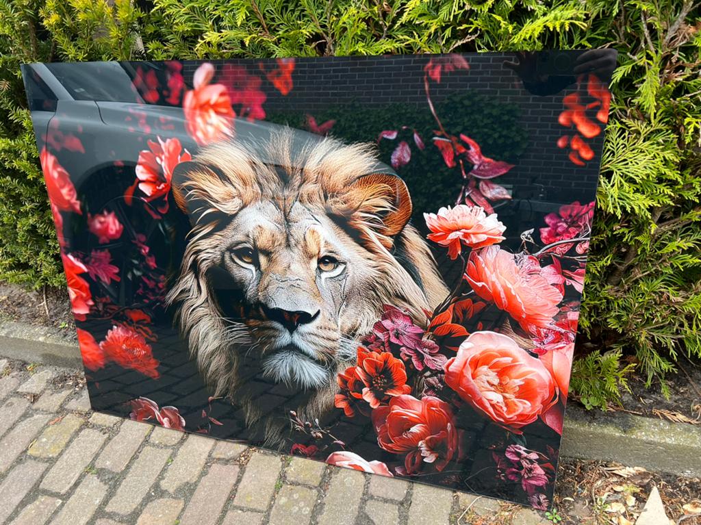 Glasschilderij leeuw bloemen €50,- afhaal, Huis en Inrichting, Woonaccessoires | Schilderijen, Tekeningen en Foto's, Ophalen, Nieuw