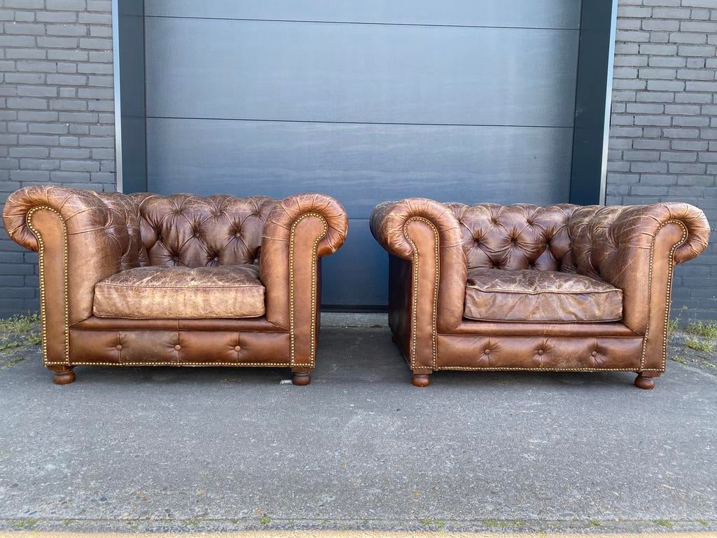 Twee XL Chesterfields fauteuils Ralph Lauren vinatge cognac, Ophalen of Verzenden, Gebruikt, 75 tot 100 cm, Leer