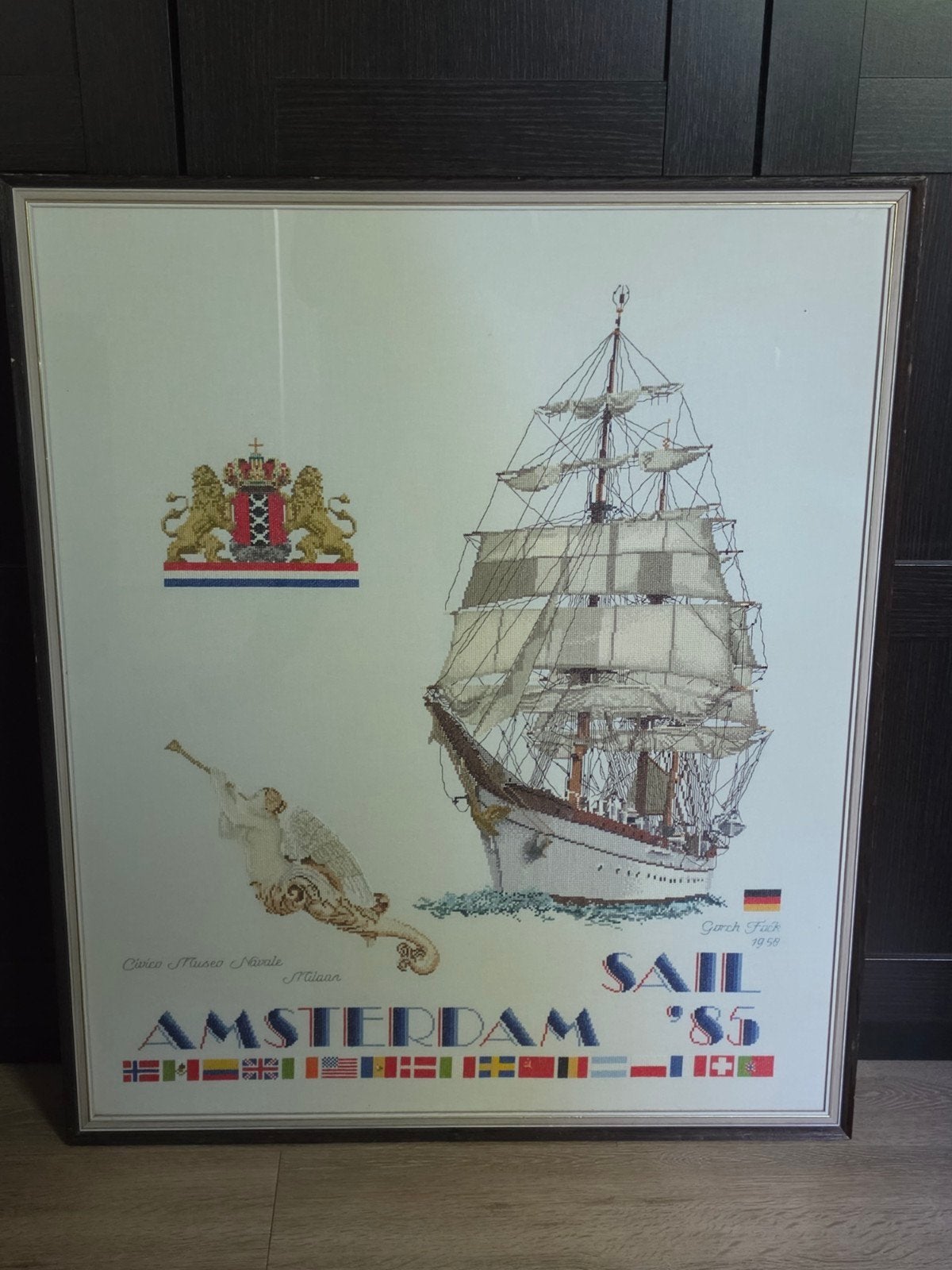 Borduurwerk Sail Amsterdam '85 - Gorch Fock, Ophalen, Schilderij