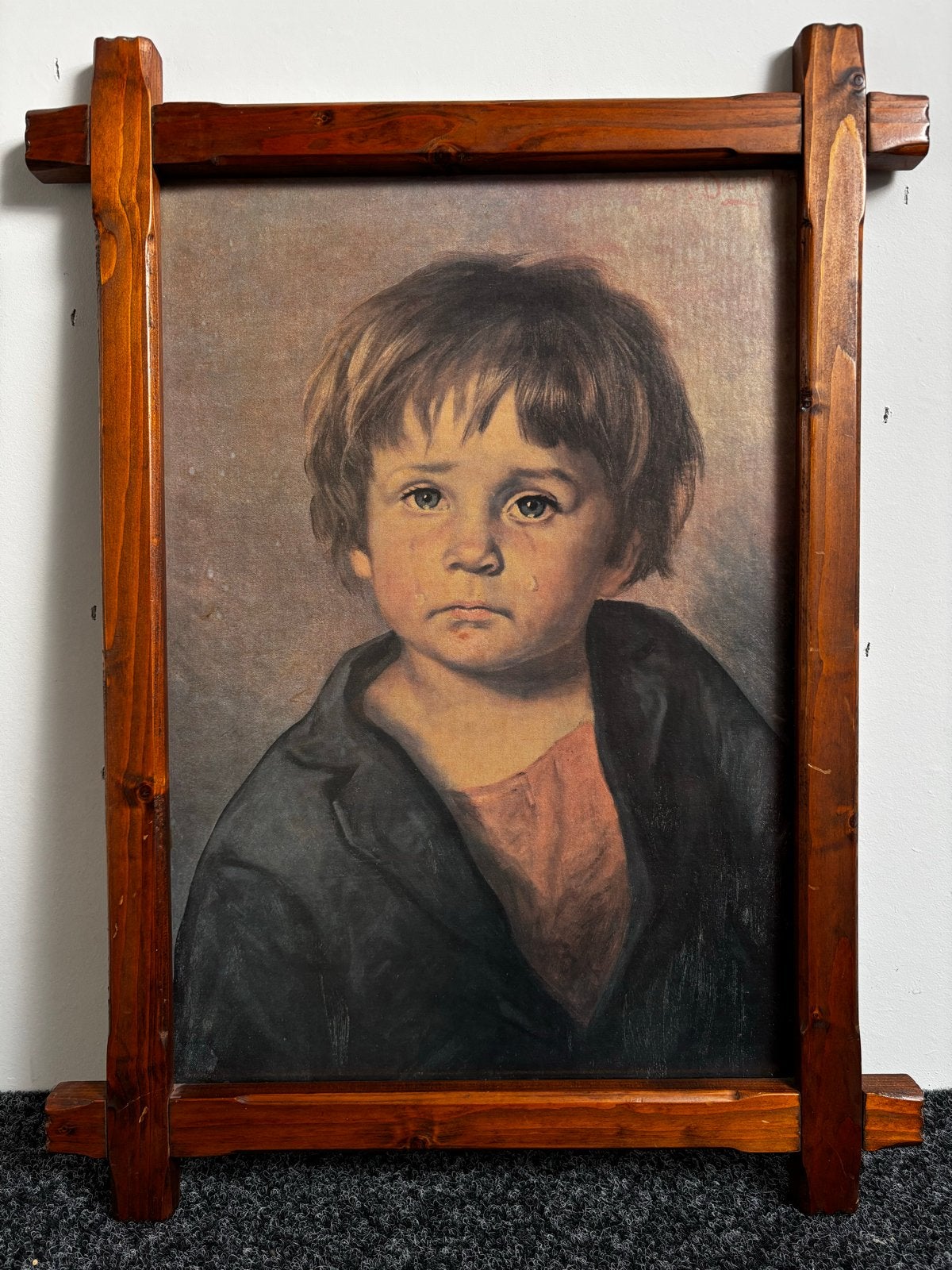 Brokante schilderij huilende jongen in houten lijst, Antiek en Kunst, Kunst | Schilderijen | Klassiek, Ophalen, Doek, Portret of Personen
