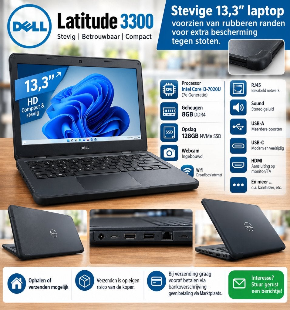 Dell Latitude 3300–13,3"–i3 7gen–8GB RAM–128GB NVMe SSD, Met videokaart, 2 tot 3 Ghz, Qwerty, 8 GB
