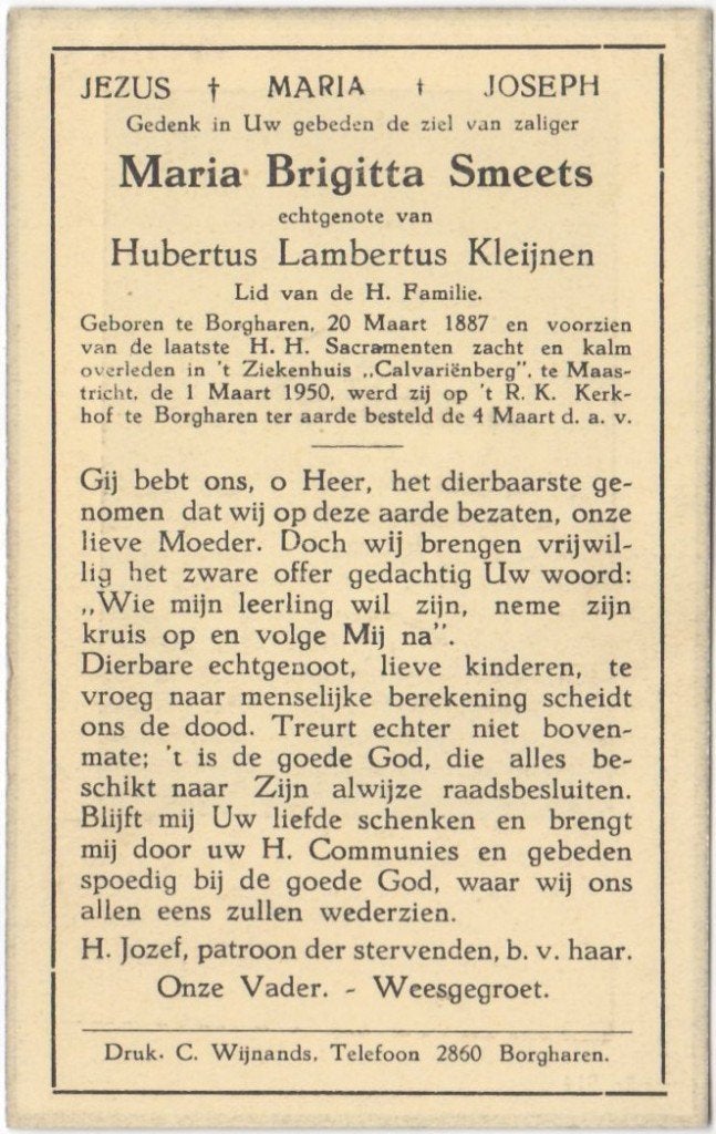 Maria B. Smeets 1887 Borgharen + 1950 Maastricht, 62 jaar, Verzamelen, Ophalen of Verzenden