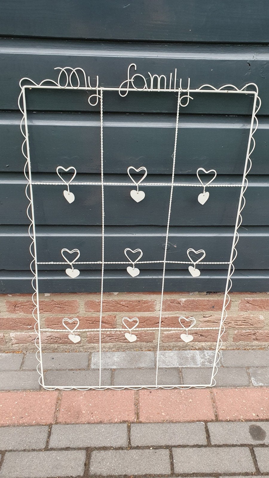 Metalen fotolijst 'My Family' met 9 hartjesclips, Audio, Tv en Foto, Fotografie | Fotolijsten, Ophalen, Zo goed als nieuw, Wit