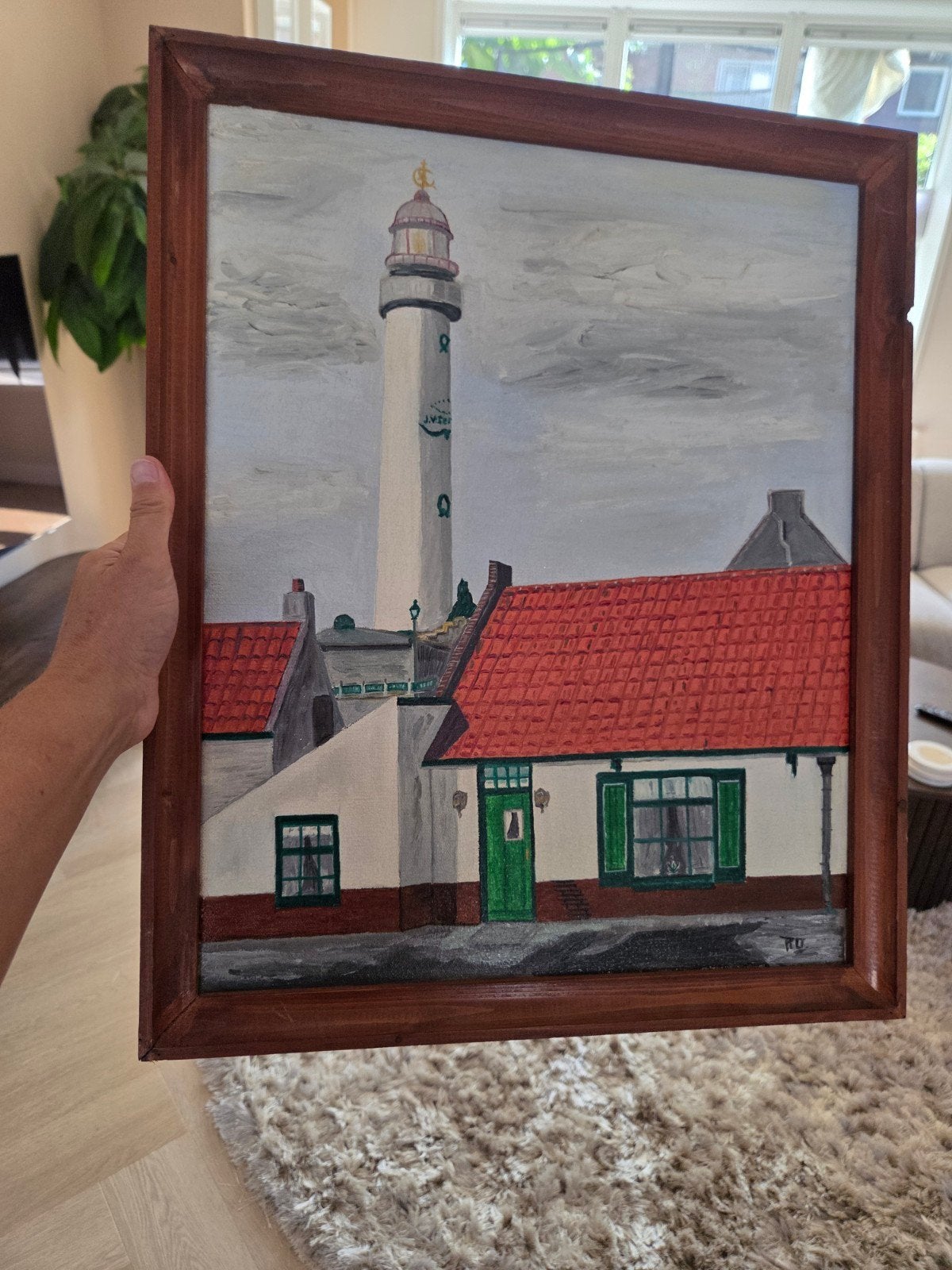 Schilderij Egmond aan Zee: Vuurtoren en Huizen, Ophalen