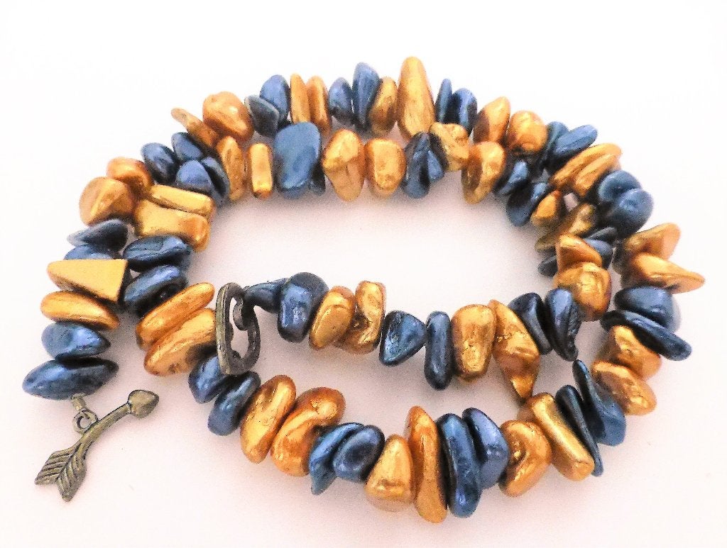 Unieke ketting met blauwe en gouden kralen, Sieraden, Tassen en Uiterlijk, Kettingen, Verzenden, Zo goed als nieuw, Overige kleuren