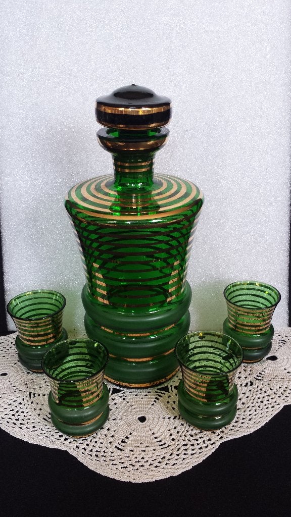 Vintage BOHEMIAN Likeurset <> Groene KARAF met 4 GLAASJES, Antiek en Kunst, Antiek | Glas en Kristal, Ophalen of Verzenden