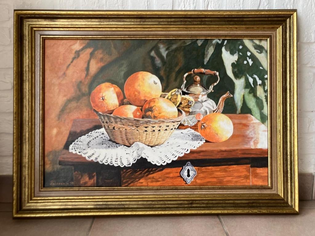 Olieverf Schilderij Stilleven met Fruit en Theepot, Antiek en Kunst, Kunst | Schilderijen | Klassiek, Ophalen
