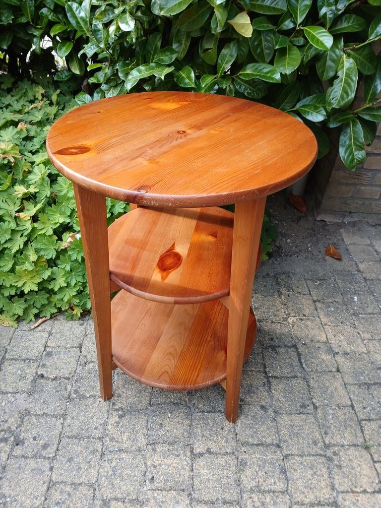 Leuke ronde bijzettafel massief hout met drie etages + meer, Tuin en Terras, Ophalen of Verzenden, Rond, Hout
