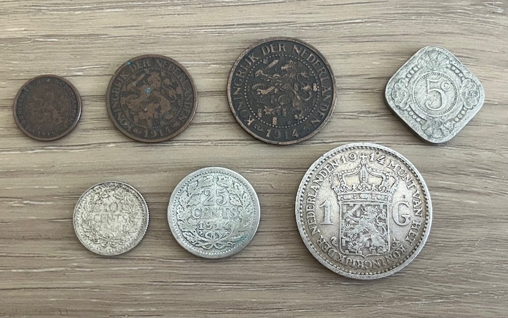 Complete serie Nederlandse munten 1914, Ophalen, 1 gulden, Zilver, Koningin Wilhelmina