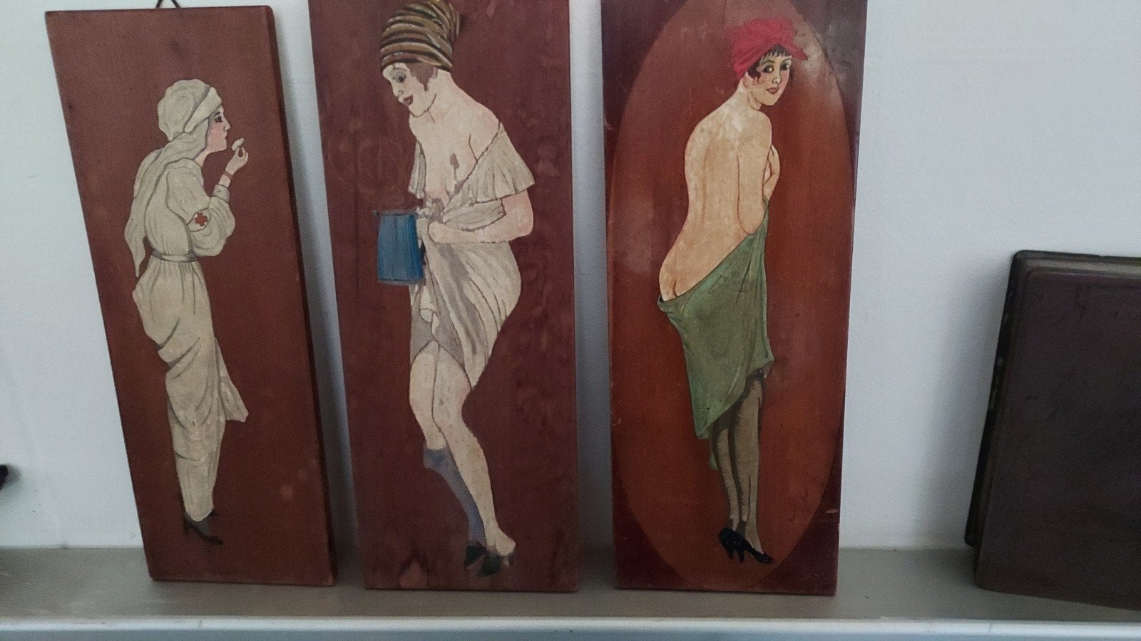 Set van 3 vintage houten panelen met pin-up dames, Antiek en Kunst, Ophalen of Verzenden