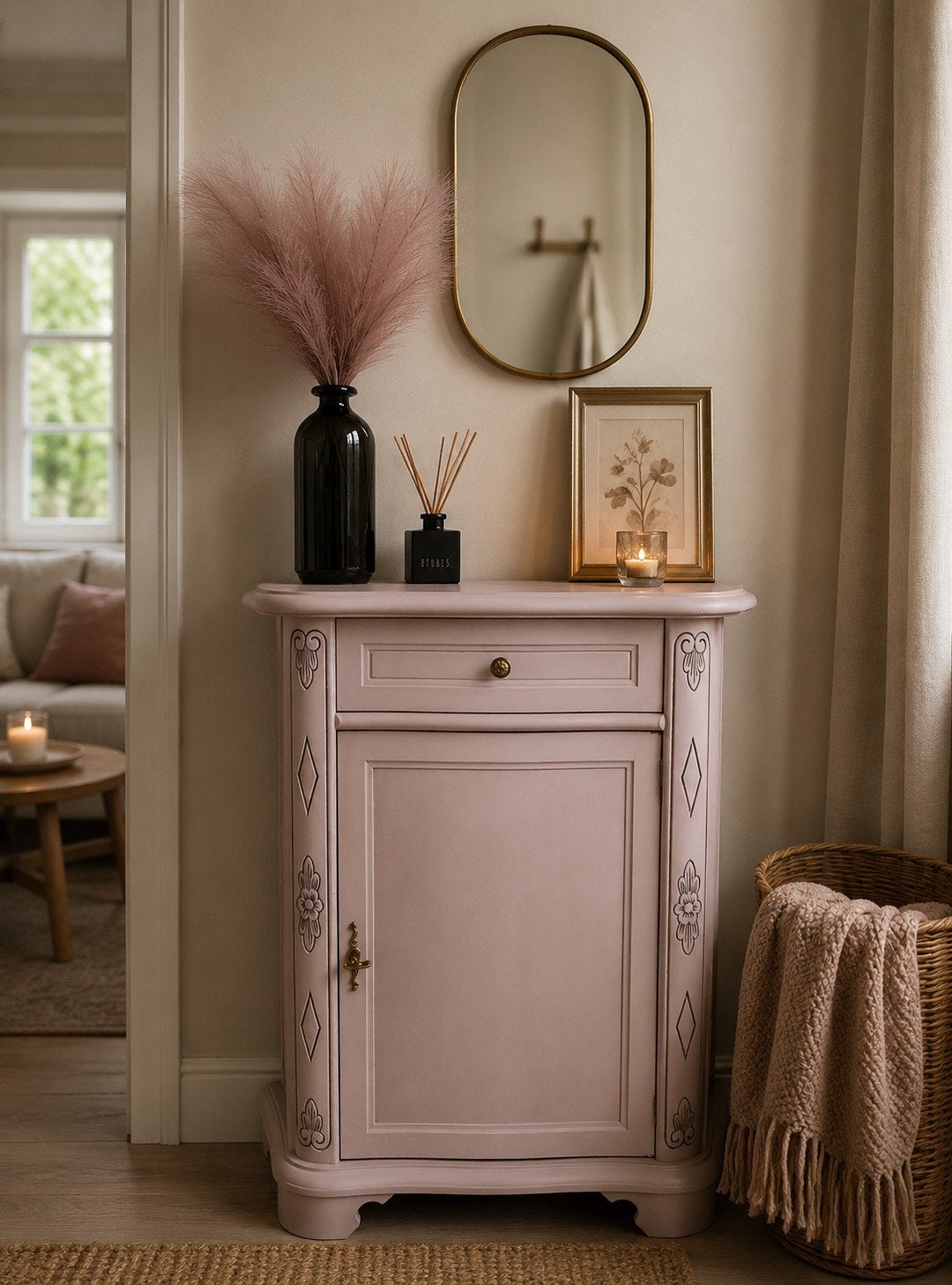 Prachtig vintage kastje in een mooie oud roze kleur, Ophalen, Vintage, antiek, landelijk, brocante, kastje, 1 of 2 laden, 50 tot 100 cm