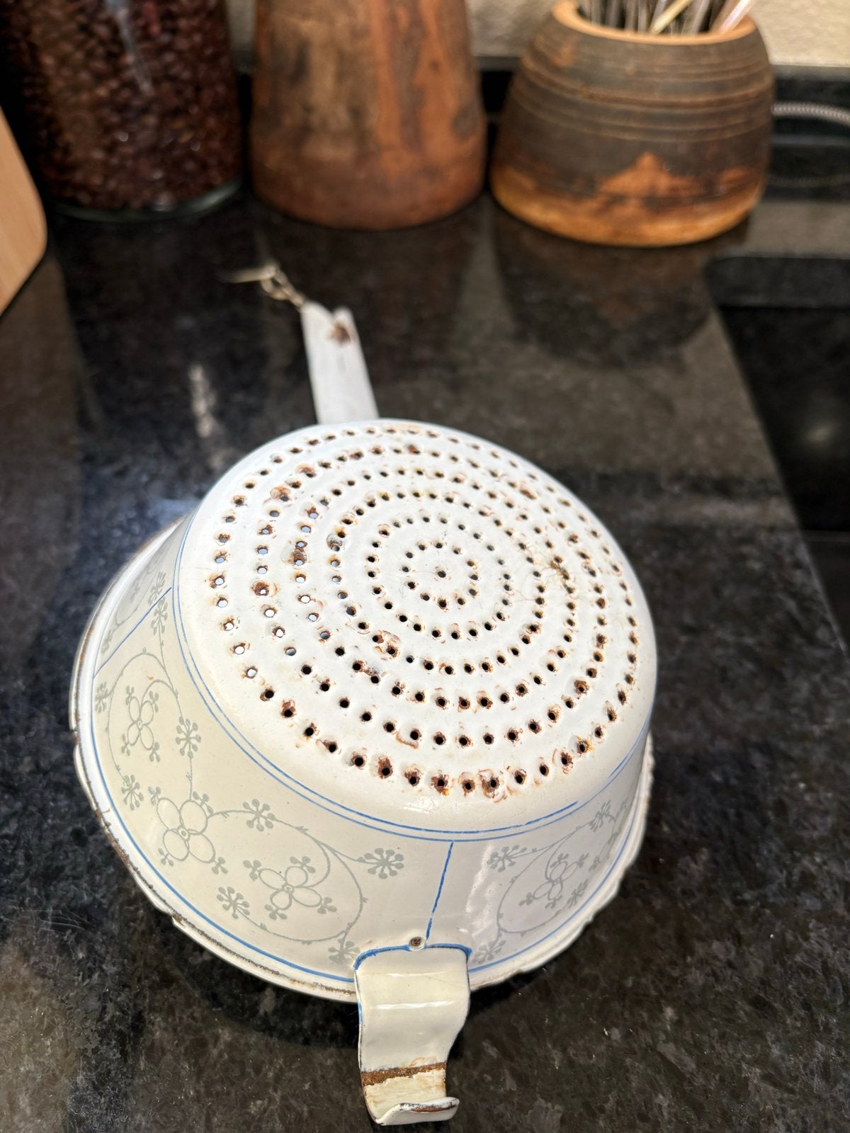 Vintage brocante Emaille Saks Kopenhagen Vergiet Zeef, Ophalen of Verzenden