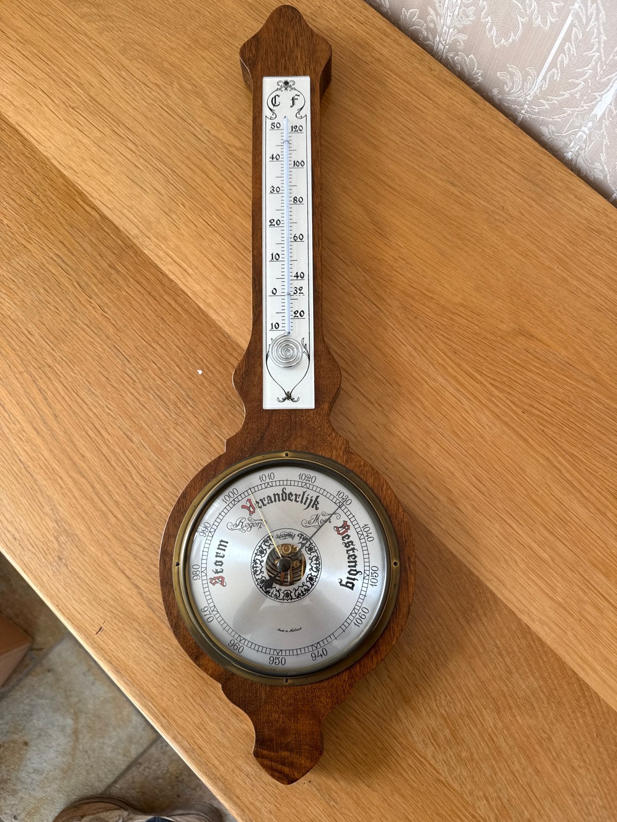 Vintage Barometer en Thermometer - Houten Weerstation, Ophalen, Gebruikt, Weerstation