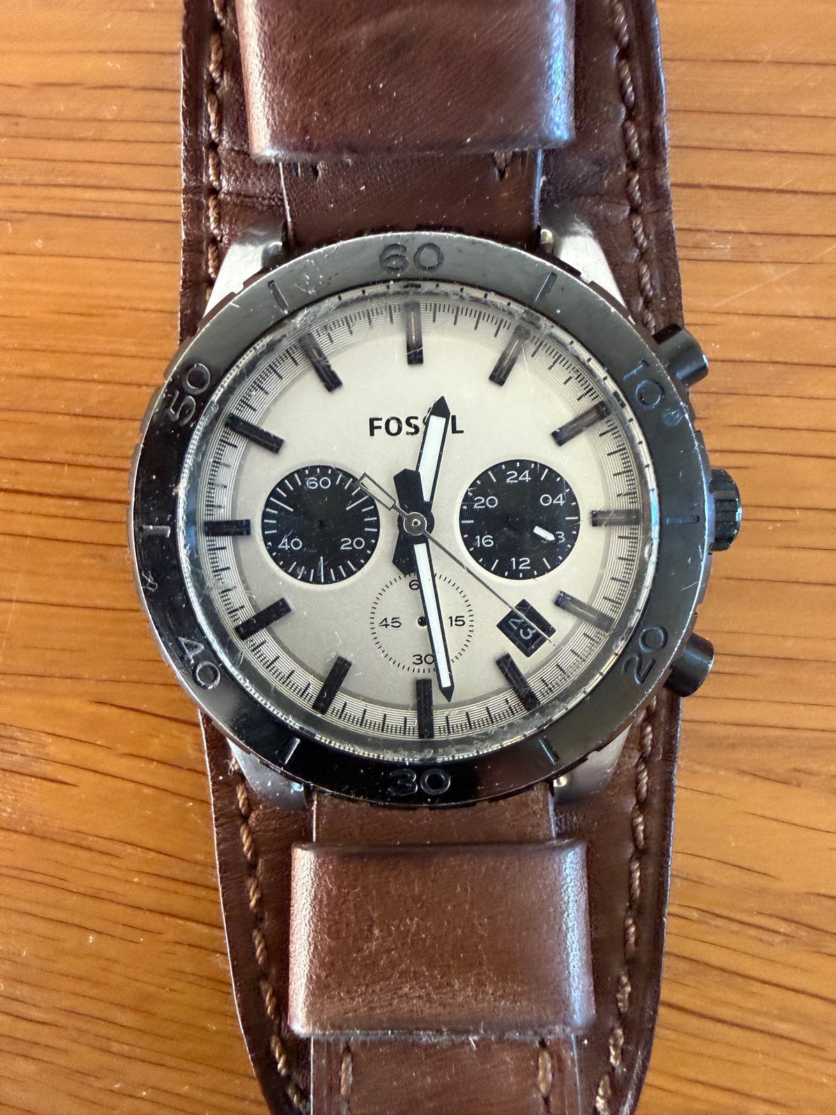 Fossil horloge met bruine leren band, Staal, Polshorloge, Ophalen, Overige merken