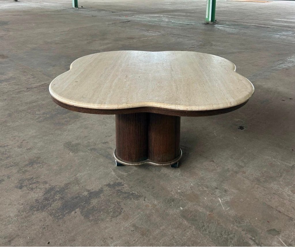 Salontafel organische vorm travertin met hout, Ophalen, Gebruikt