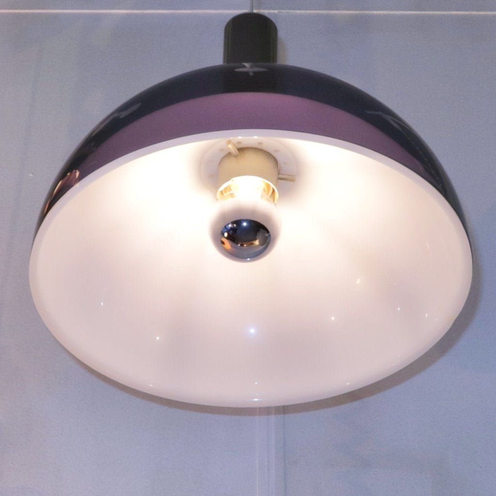 hanglamp halve bol wit paars transparant aan metalen koker, Kunststof, Gebruikt, -, -