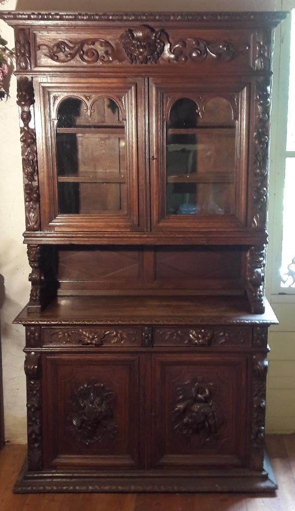 Franse eiken jachtkast, antiek glas in de boven deuren 1880, Ophalen
