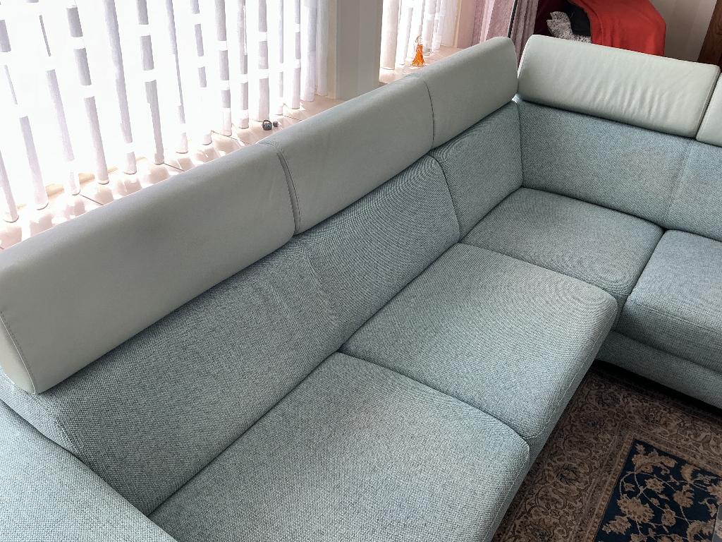 Hoekbank Montel stof met leren hoofdsteunen, Huis en Inrichting, Banken | Bankstellen, Ophalen, 250 tot 300 cm, Gebruikt, Minder dan 75 cm