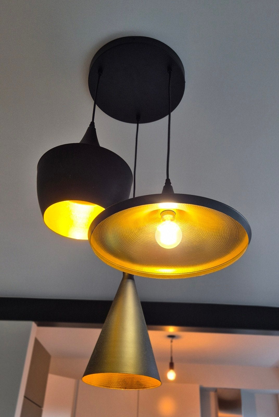 Moderne hanglampen set - Zwart met goud, Modern, Industrieel, Zo goed als nieuw, Metaal, E27 (groot)