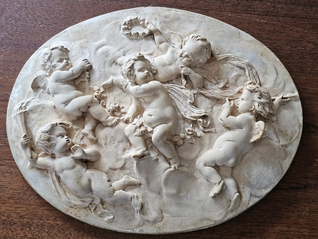 Antiek wandrelief m. spelende putti / engelen vroeg 20e eeuw, Ophalen of Verzenden