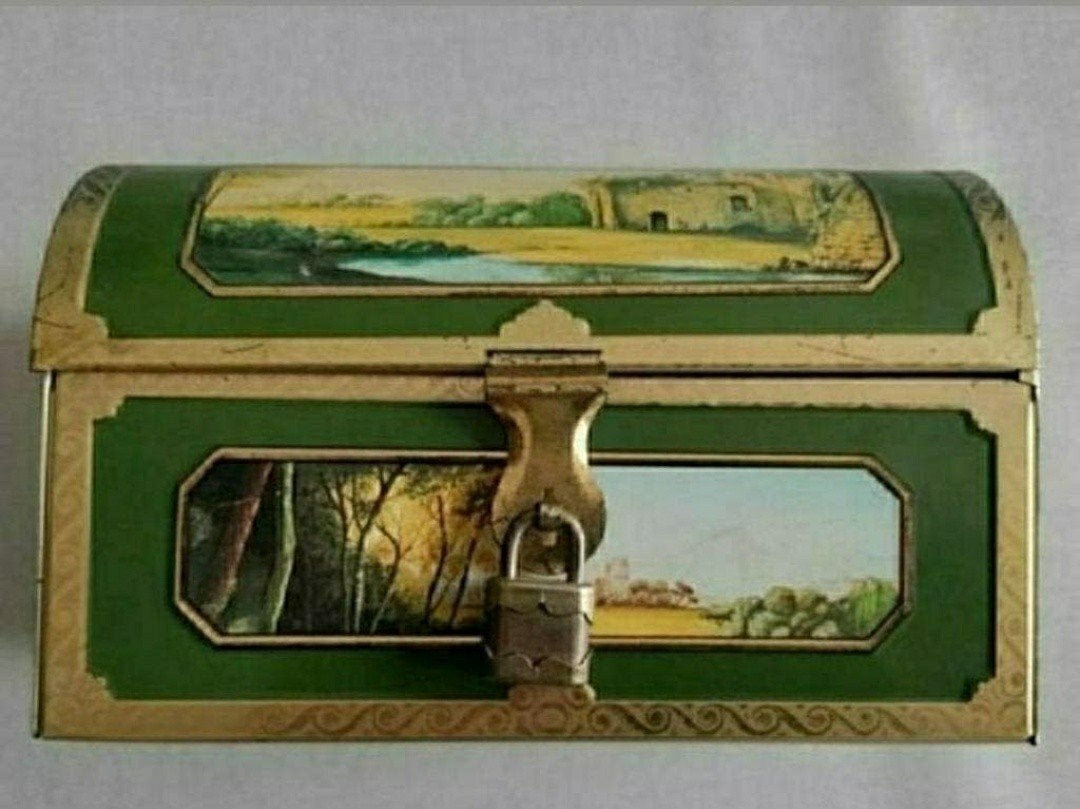 Schatkistje,Blik,Groen,afbeeldingen,Slotje,Sleutel,Deksel, Ophalen of Verzenden