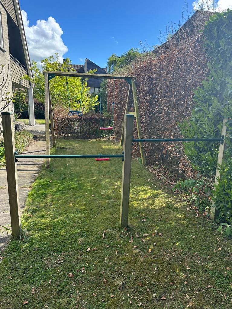 Houten schommel (Jungle swing) met een dubbel duikelrek., Ophalen, Gebruikt, Schommel