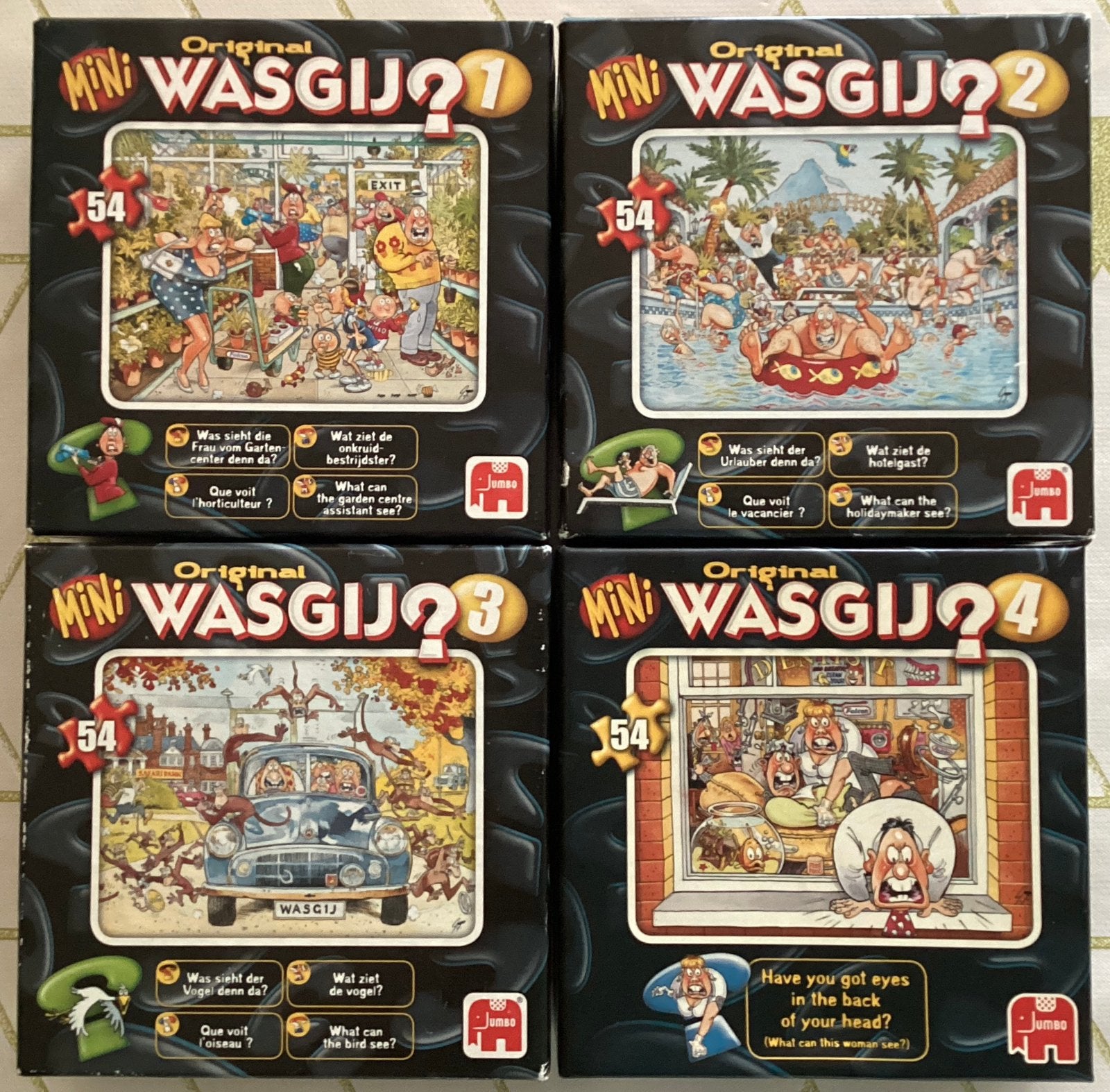 4 mini wasgij puzzels van 54 stukjes, Hobby en Vrije tijd, Denksport en Puzzels, Ophalen of Verzenden, Minder dan 500 stukjes