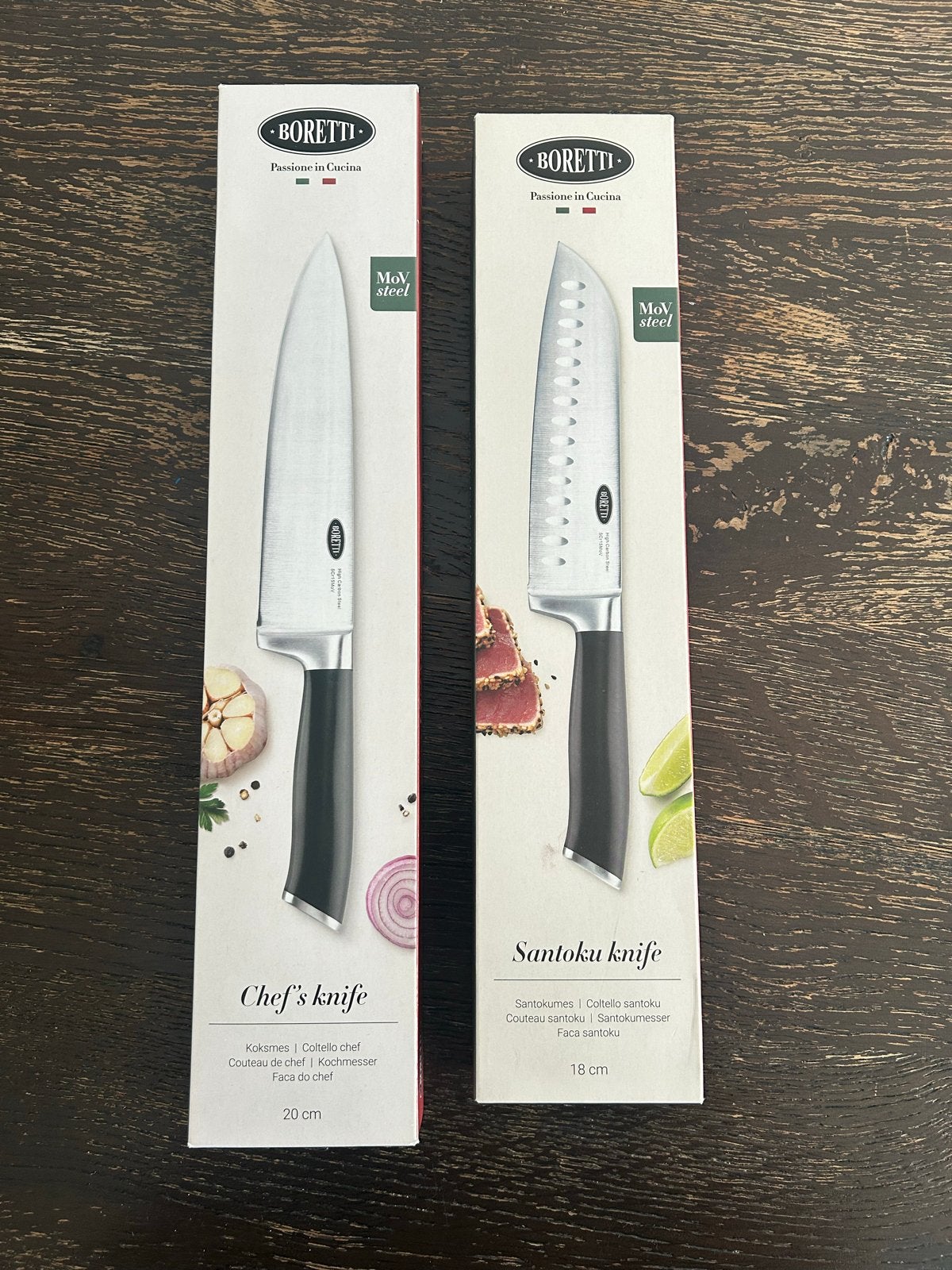 2x Boretti Keukenmes: Chef's mes (20cm) & Santoku mes (18cm), Ophalen of Verzenden, Nieuw, Metaal, Zilver