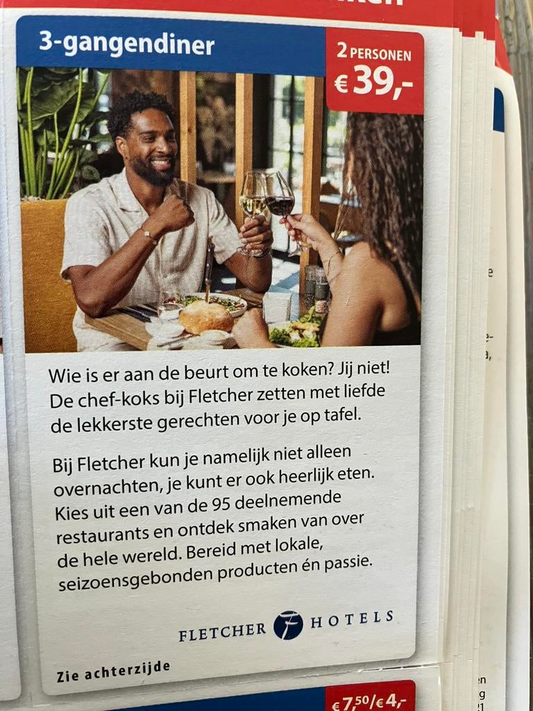 3 gangen keuzediner bij Fletcher 19,50 euro, Twee personen, Cadeaubon