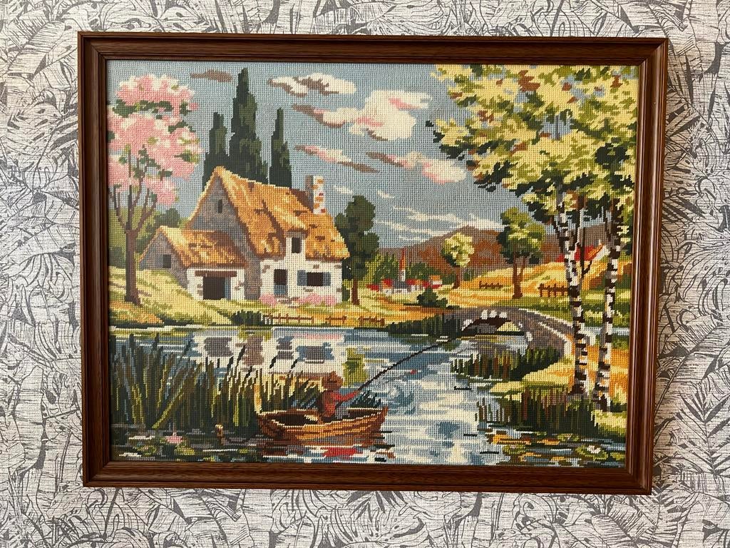 Retro Vintage Kruissteek Schilderij: Visser aan de Waterkant, Ophalen