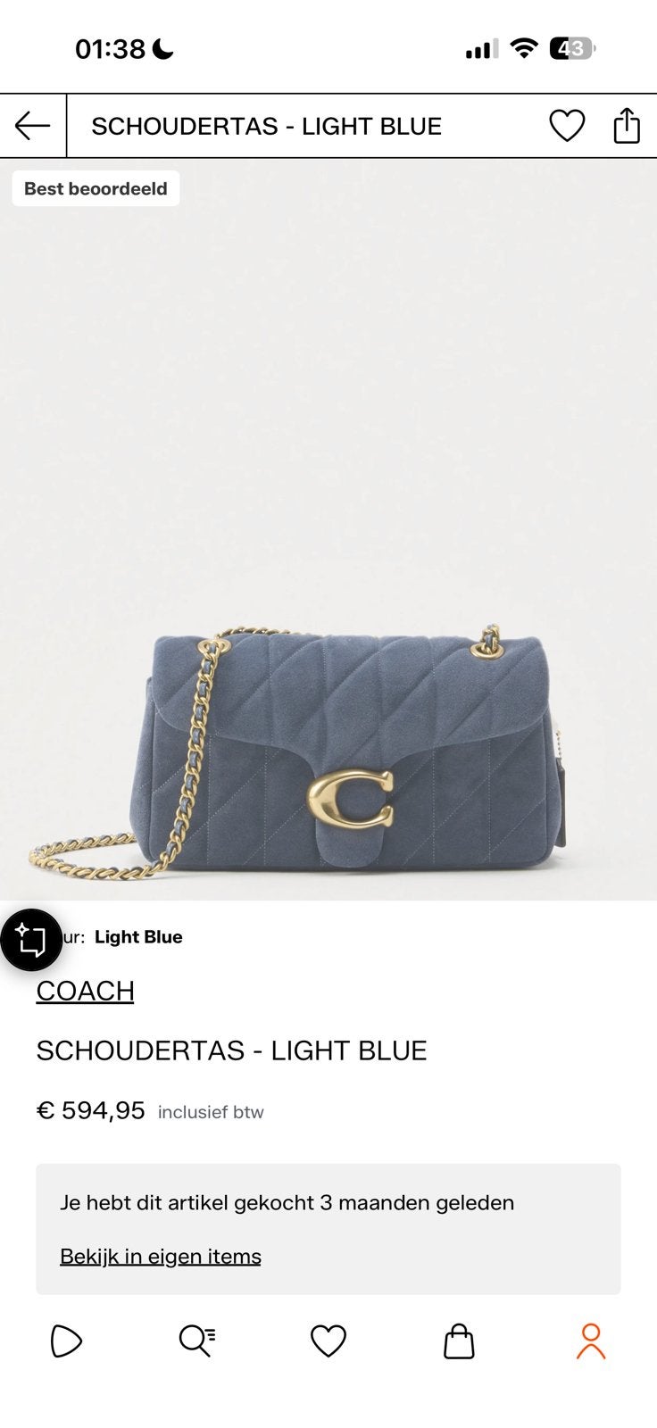 Coach Tabby 26 Suède Light Blue  zo goed als nieuw, Ophalen, Zo goed als nieuw, Blauw, Schoudertasje