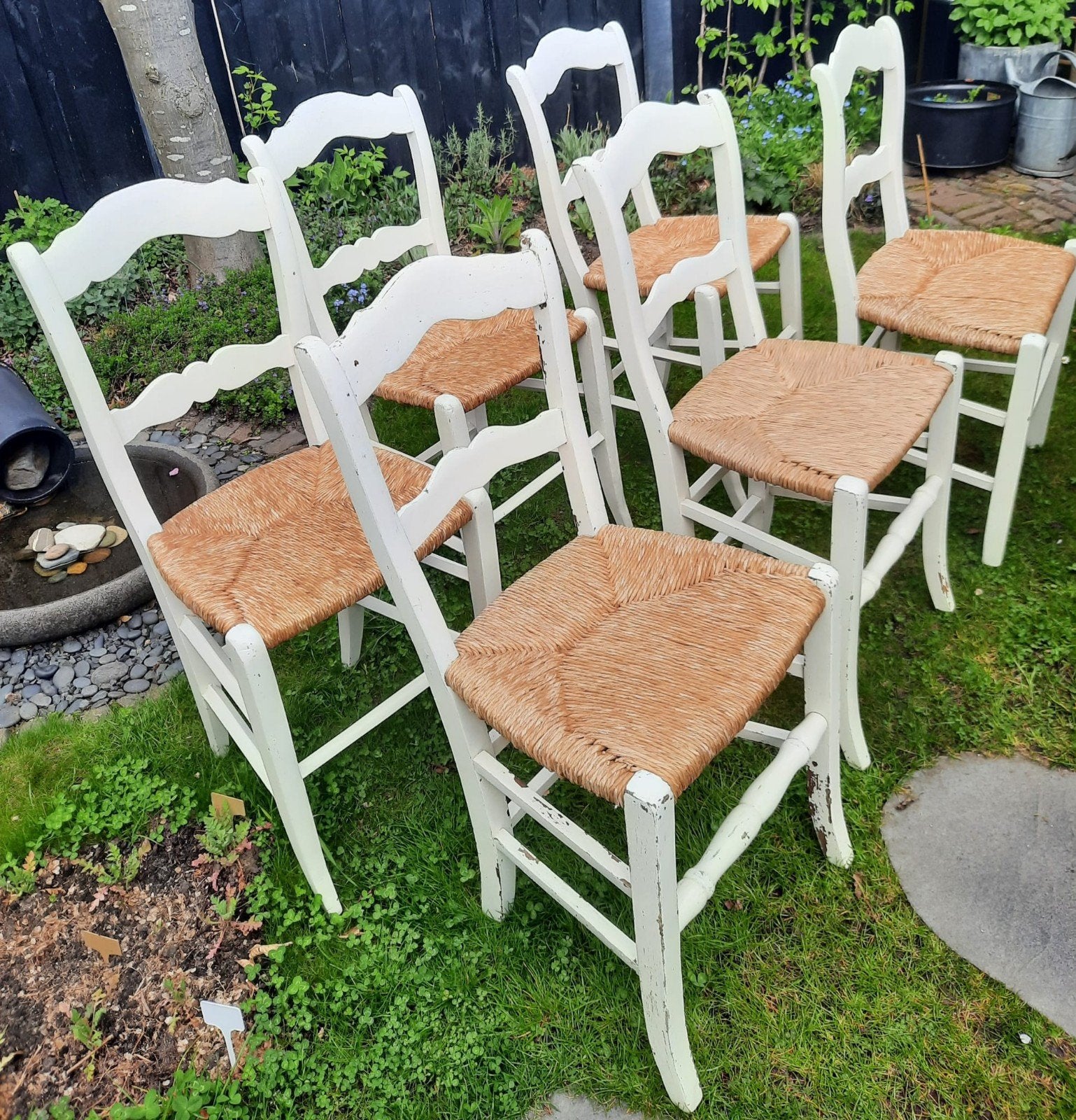 Set van 6 rustieke witte stoelen met rieten zitting, Ophalen