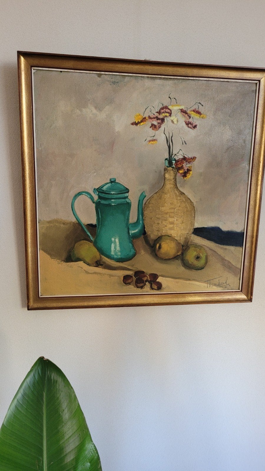 Stilleven met theepot, vaas en fruit - Olieverfschilderij, Ophalen of Verzenden