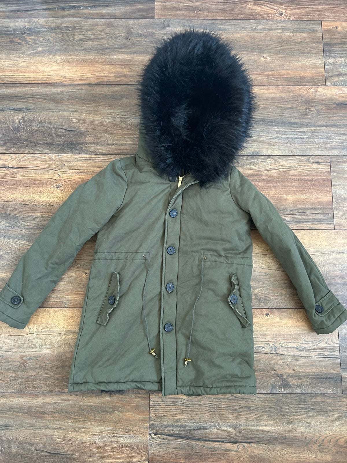 Winterjas groen met zwarte bontkraag, Ophalen of Verzenden, Gedragen, Maat 36 (S), Groen