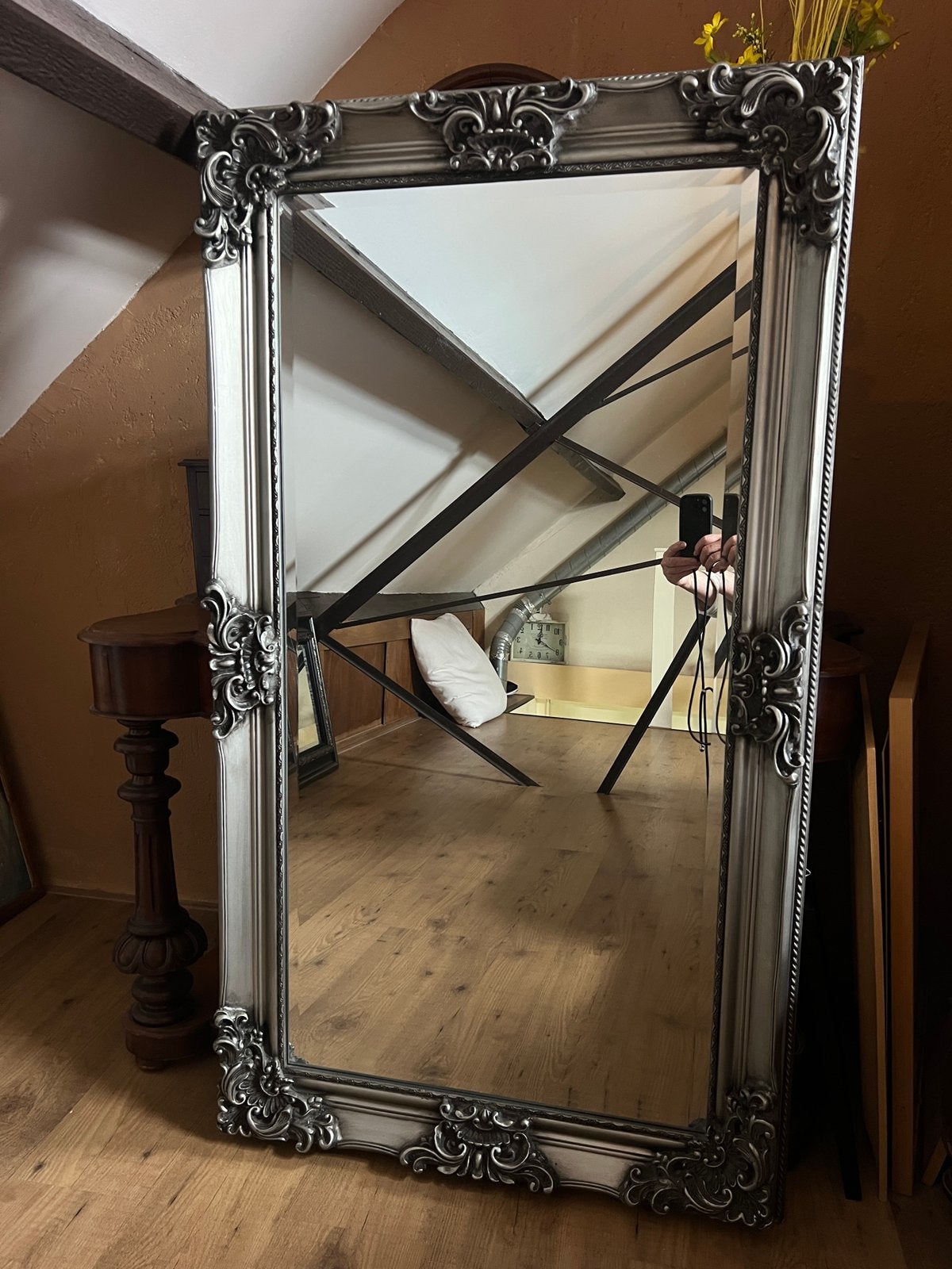 Brocante zilver kleurig puntgave spiegel, Antiek en Kunst, Antiek | Spiegels, Ophalen, Rechthoekig
