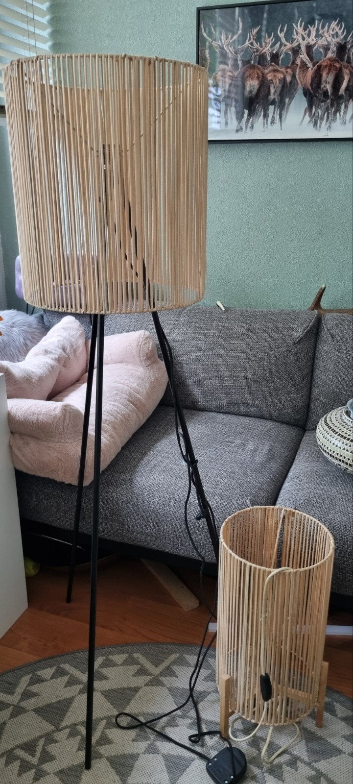 Staande vloerlamp en tafellamp als nieuw met rieten kap., Ophalen, Overige materialen, 100 tot 150 cm, Zo goed als nieuw
