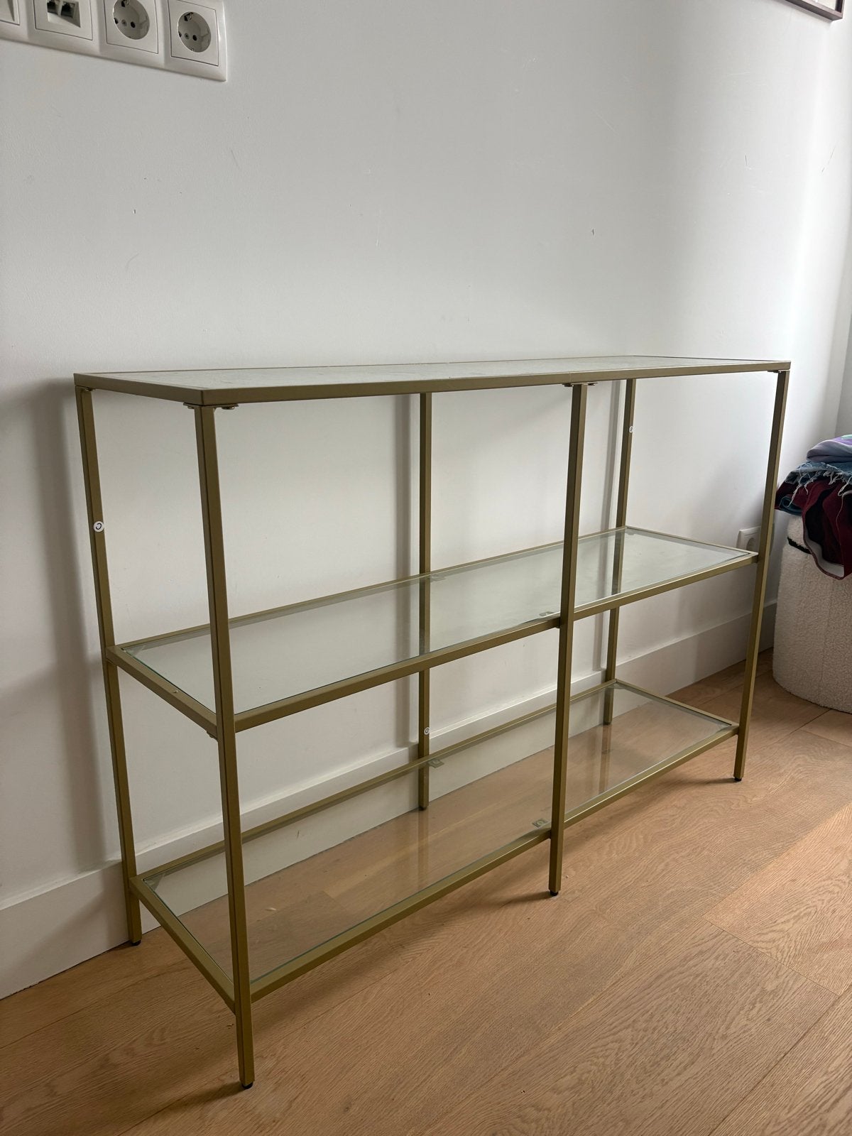 Gouden glazen dressoir kastje - 100x30x73 cm, Ophalen, Met plank(en), 100 tot 150 cm, Zo goed als nieuw