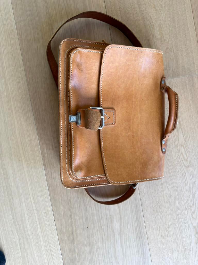 Ruitertassen leren tas, Ophalen of Verzenden, Gebruikt, Bruin, Aktetas of Boekentas