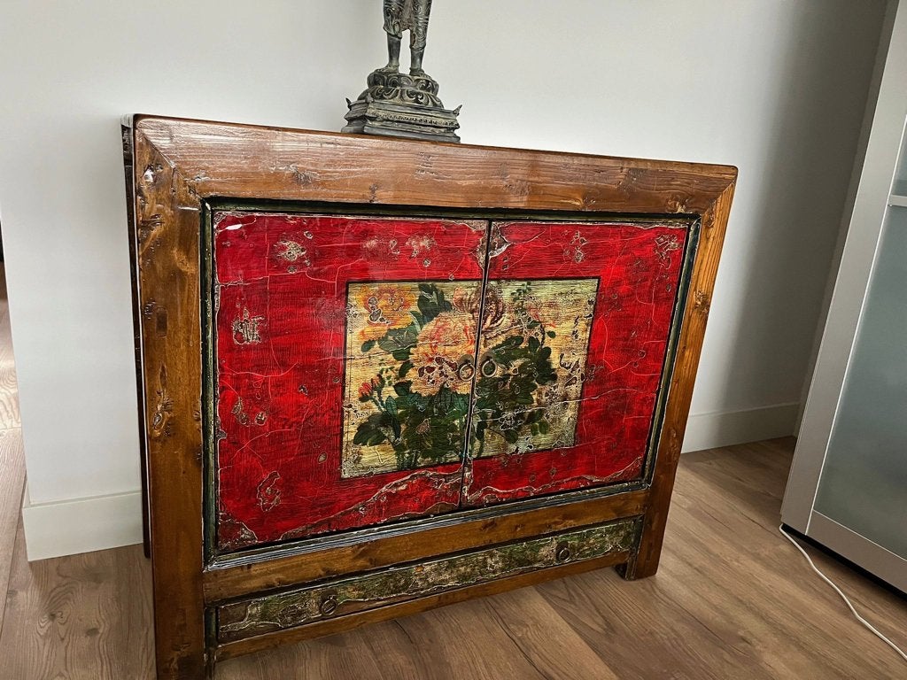 Chinese oude kast met 1 lade chinees handbeschilderd massief, Verburgt Vintage, Gebruikt, 100 tot 150 cm, 1 of 2 laden