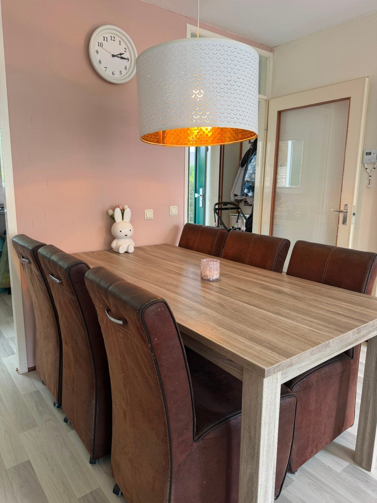 Eettafel met 6 stoelen - Bruin/Hout, Gebruikt, Modern, Vier personen, Rechthoekig