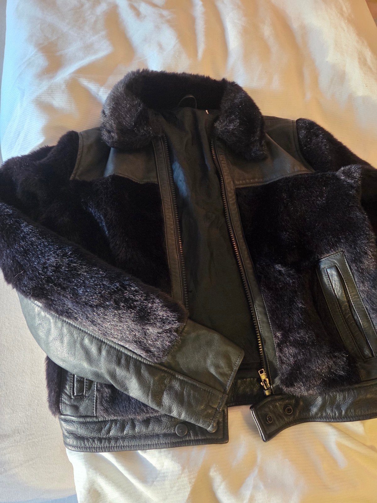 H&M Leren Jas met Bont - Zwart, Maat S, H&M, Zwart, Ophalen of Verzenden, Zo goed als nieuw