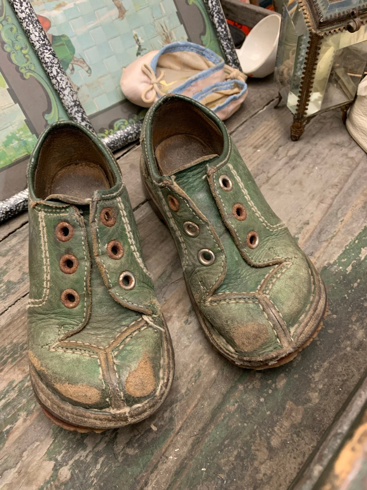 Vintage groene kinderschoentjes - decoratie, Ophalen of Verzenden