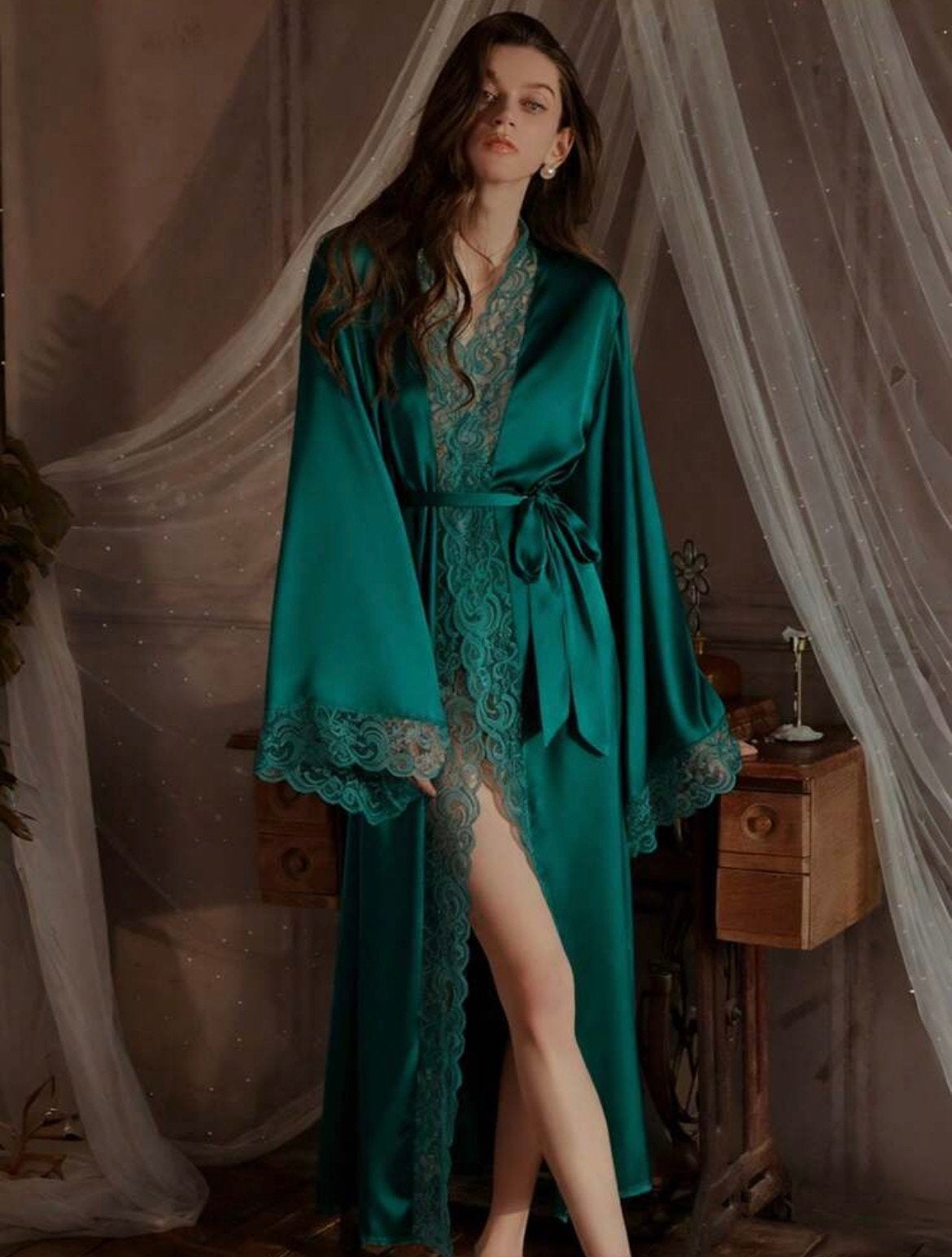 Luxe lange komino met kant xl Hunkemöller insp, Overige typen, Zwart, Maat 46/48 (XL) of groter, Ophalen of Verzenden