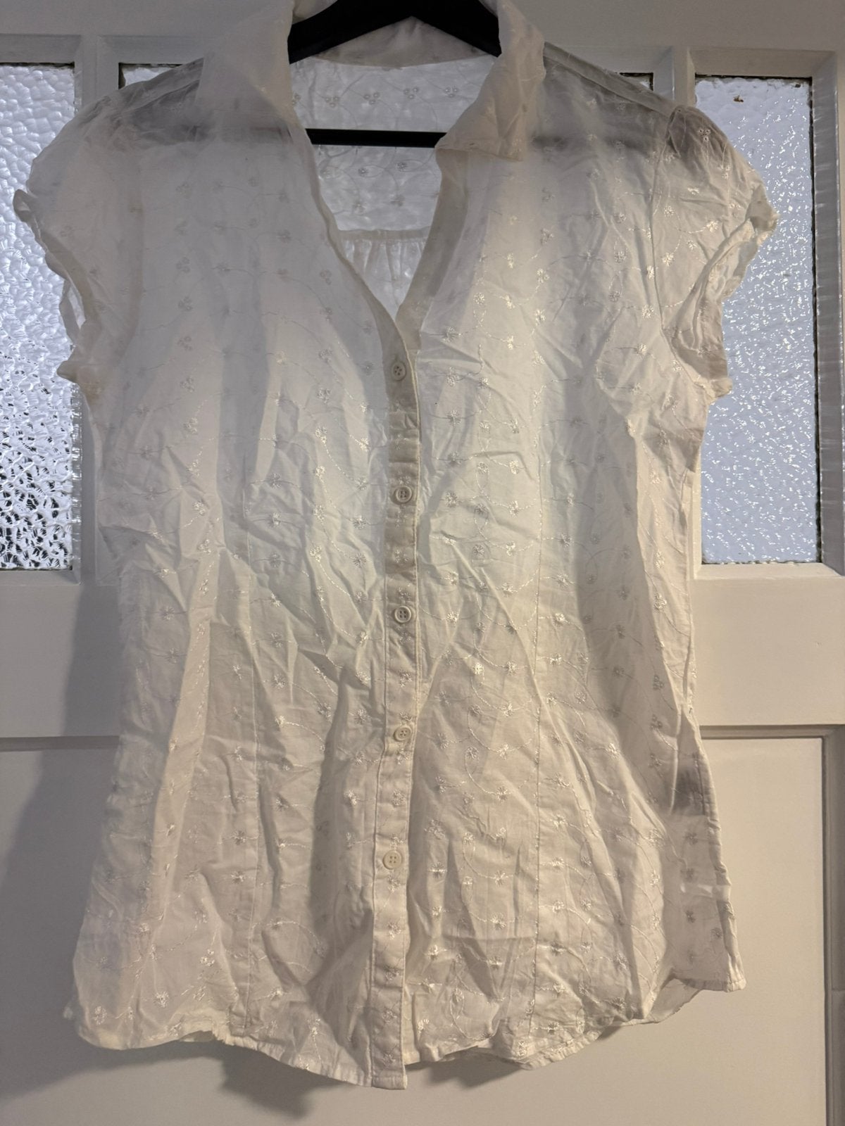 Blouse wit glans bloem motief dames l, Ophalen of Verzenden, Zo goed als nieuw, Maat 42/44 (L), Wit
