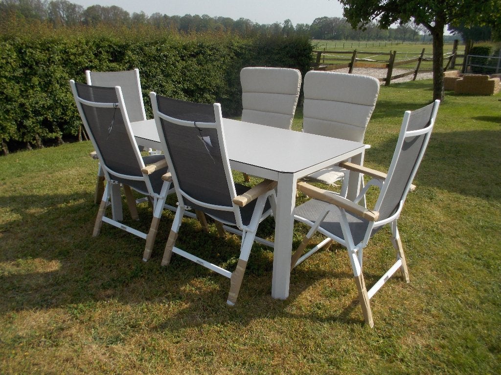 6 nieuwe verstelbare aluminium standen stoelen + tafel, Ophalen, 6 zitplaatsen, Aluminium, Zo goed als nieuw
