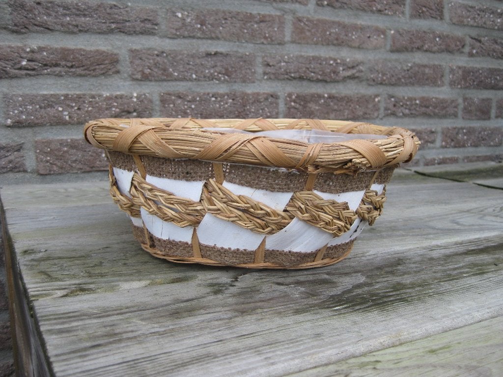 Mandje met stof gevlochten hoogte 10 cm diameter 28 cm, Ophalen of Verzenden, Zo goed als nieuw, Rond, Riet