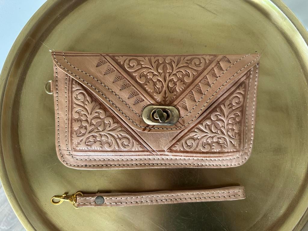 Marokkaanse lederen portemonnee - beige 20x11cm, Sieraden, Tassen en Uiterlijk, Portemonnees, Nieuw, Overige merken, Beige, Leer