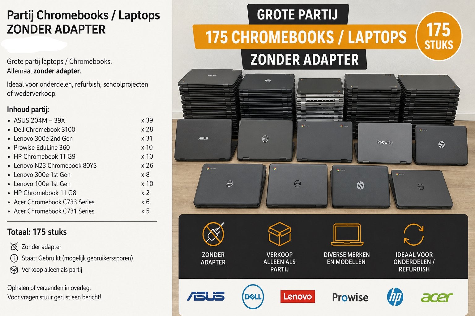 Grote partij Chromebooks / laptops – 175 stuks, Ophalen of Verzenden, 32 GB of minder, 11 inch, 4 GB of minder